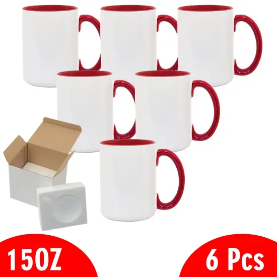 6 Pcs 15OZ El Grande Red Inside & Handle Sublimation Mugs With Foam Support Boxes {2}