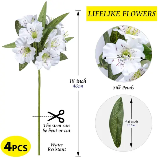 Alstroemeria Artificial Flowers Bulk Peruvian Lily Faux Bouquet 18&rdquo; Long Stems Silk Petals Wedding Decoration, 4pcs White {2}