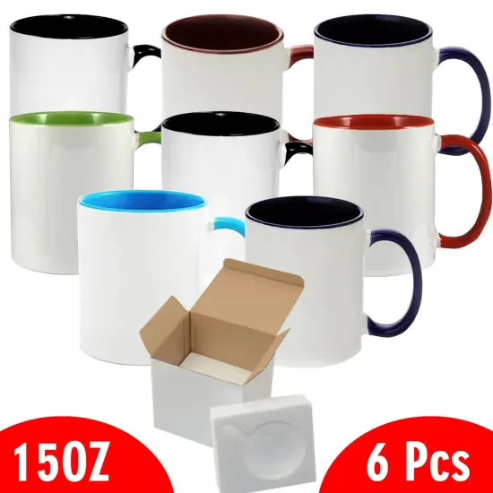 6 Pcs 15OZ El Grande MIXED Color Inner & Handle Sublimation Mugs With Foam Support Boxes {2}