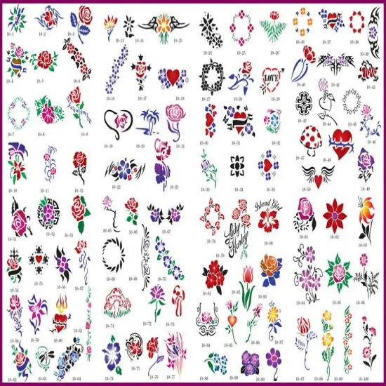 Temporary Tattoo Stencils Booklet Set 10 with 100 Different Self-Adhesive Reusable Stencil Designs {2}