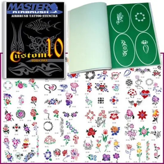 Temporary Tattoo Stencils Booklet Set 10 with 100 Different Self-Adhesive Reusable Stencil Designs {1}