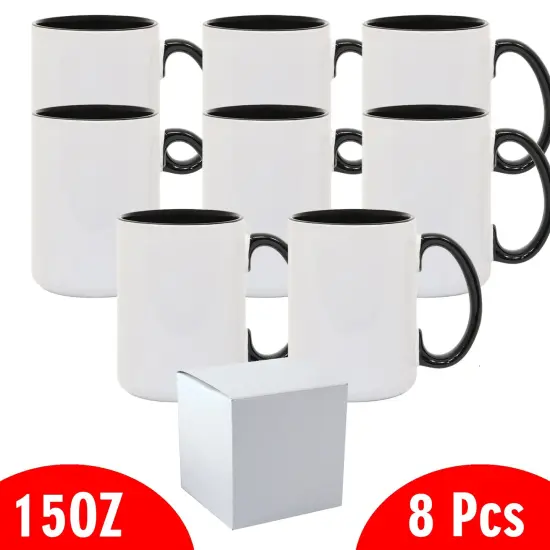 8 Pcs 15OZ El Grande Black Inside & Handle Sublimation Mugs With Foam Support Boxes {2}