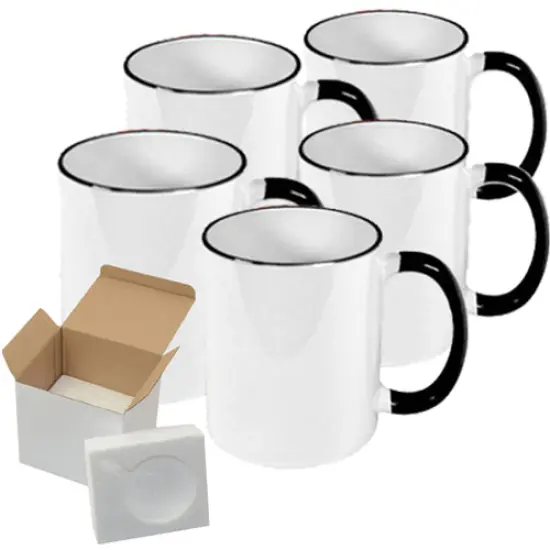 Case of 12 Pcs 11oz Sublimation Blank All White and Black with Black Handle-Case Mugs With Gift Mug Box. Mugs - Cardboard Box with Foam Supports {3}