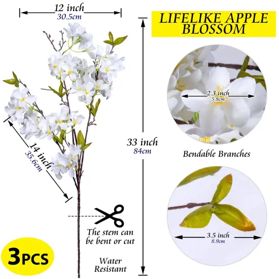 Apple Blossom Artificial Tree Branches 33&rdquo; Long Stems Silk Flowers Faux Bouquet for Tall Vase Indoor Home Decor Wedding Decoration, 3pcs White {8}