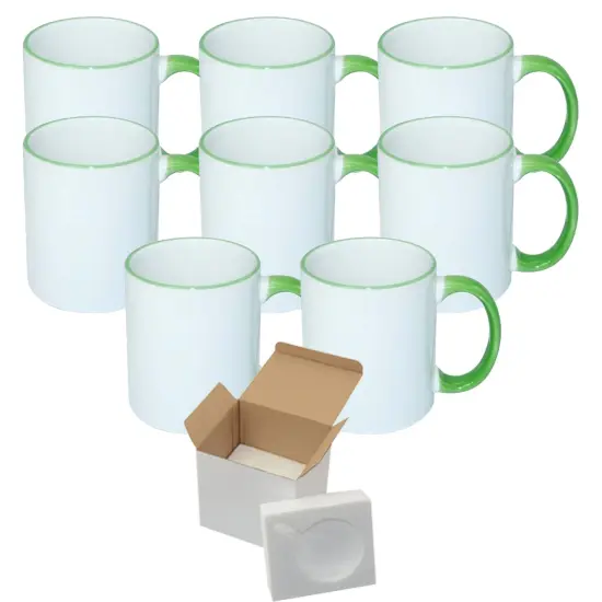 8 Pcs 11OZ Light Green Rim & Handle Sublimation Mugs With Foam Support Boxes {1}