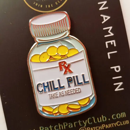 Vintage Chill Pill Enamel Pin, Fun lapel for Jackets, and Clothing, size 1.50" inches {2}