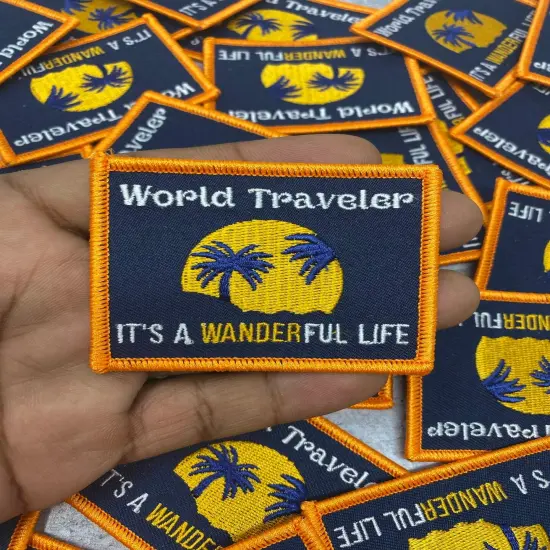 "World Traveler..It's a Wanderful Life" Iron-on Embroidered Patch, Lovers of Travel, Size 2" inches {1}