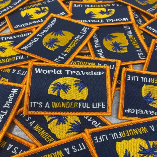 "World Traveler..It's a Wanderful Life" Iron-on Embroidered Patch, Lovers of Travel, Size 2" inches {2}