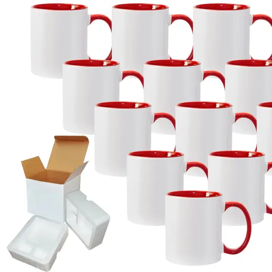 11 oz White Ceramic Sublimation Coffee Mug with RED Colors Inside/Handle -Cardboard Box with Foam Supports Case of 12 {1}