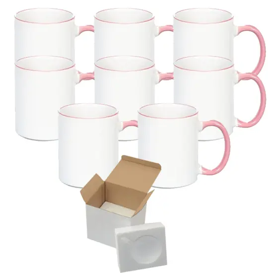 8 Pcs 11OZ Pink Rim & Handle Sublimation Mugs With Foam Support Boxes {1}
