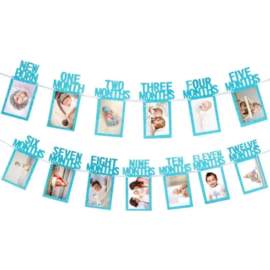 1st Birthday Baby Photo Banner for Newborn 12 Month Photo Prop Monthly Blue {1}
