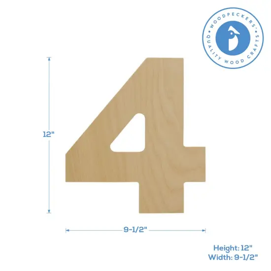 Wooden Number 4, 12 inch or 8 inch, Unfinished Large Wood Numbers for Crafts | Woodpeckers {4}