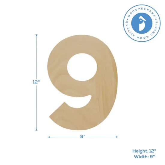 Wooden Number 9, 12 inch or 8 inch, Unfinished Large Wood Numbers for Crafts | Woodpeckers {4}
