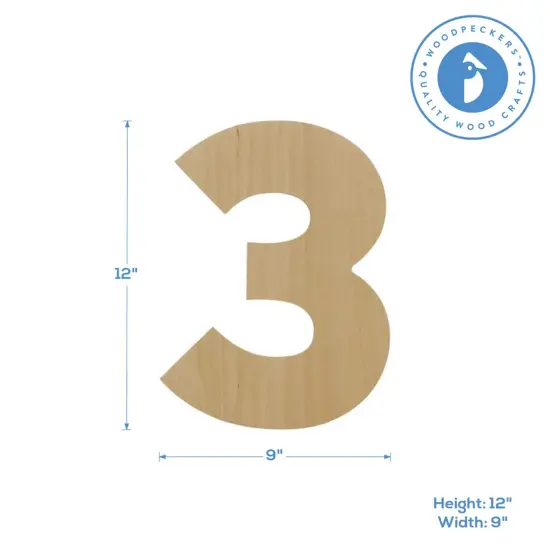 Wooden Number 3, 12 inch or 8 inch, Unfinished Large Wood Numbers for Crafts | Woodpeckers {2}