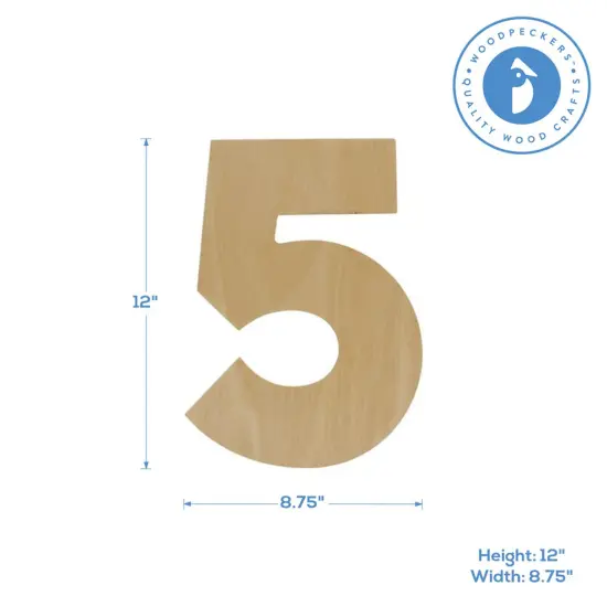 Wooden Number 5, 12 inch or 8 inch, Unfinished Large Wood Numbers for Crafts | Woodpeckers {5}