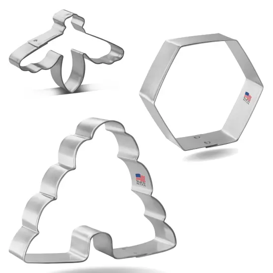 CookieCutter.com 3 Piece Summer Bee Hive Cookie Cutter Set Bee Hive, Mini Bumble Bee, Honey Comb Hexagon, Metal Shapes Made in USA, Silver {3}