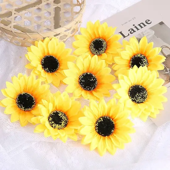 100PCS Artificial Sunflower Heads &ndash; Yellow Silk Fabric Flowers for DIY Crafts, Wedding Decor, Home Party, Hair Clips, Wreaths, Engagement Decorations {6}