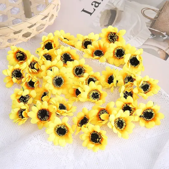 100PCS Artificial Sunflower Heads &ndash; Yellow Silk Fabric Flowers for DIY Crafts, Wedding Decor, Home Party, Hair Clips, Wreaths, Engagement Decorations {1}