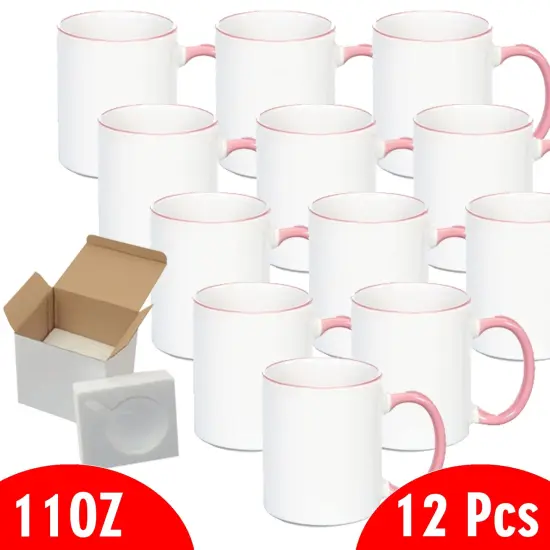 12 Pcs 11OZ Pink Rim & Handle Sublimation Mugs With Foam Support Boxes {2}