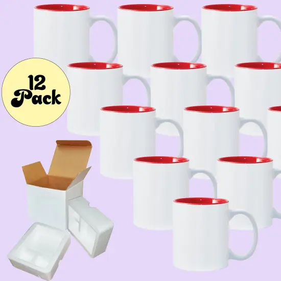 12 PACK 11 oz. RED Inner and WHITE Handle- Ceramic Sublimation Blank Mugs- Individually Packed in a Protective Gift Box {2}