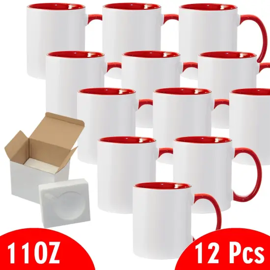11 oz White Ceramic Sublimation Coffee Mug with RED Colors Inside/Handle -Cardboard Box with Foam Supports Case of 12 {3}