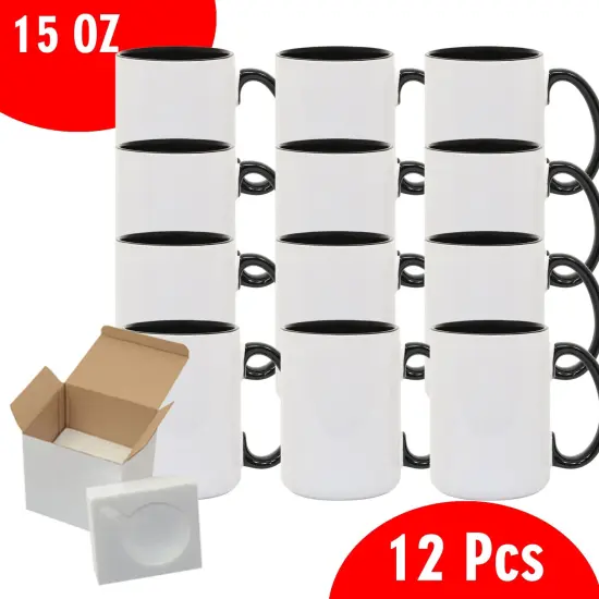 12 Pcs 15OZ El Grande Black Inside & Handle Sublimation Mugs With Foam Support Boxes {2}