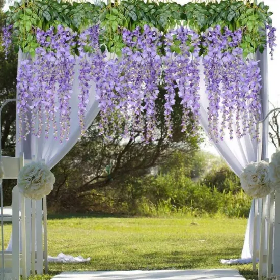 12pcs Artificial Wisteria Vines Hanging Rattan Garlands Silk Flower for Wedding Party Home Garden Outdoor Ceremony Floral Décor, Purple {2}