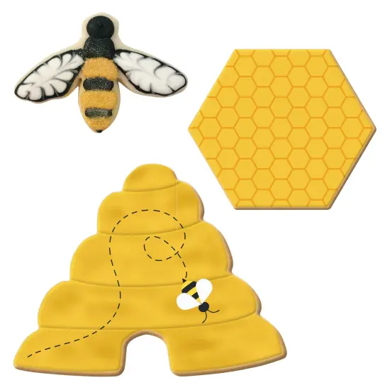 CookieCutter.com 3 Piece Summer Bee Hive Cookie Cutter Set Bee Hive, Mini Bumble Bee, Honey Comb Hexagon, Metal Shapes Made in USA, Silver {2}