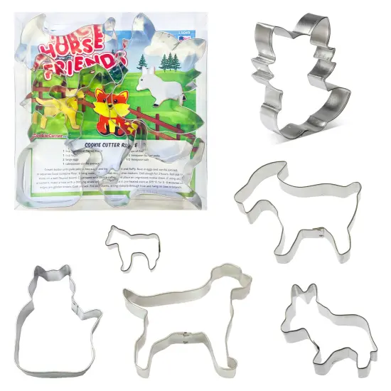 CookieCutter.com 6 Piece Horse Friends Cookie Cutter Set Goat, Mini Horse, Cat, Labrador Retriever Dog, Fox, Donkey, Metal Shapes Made in USA, Silver {1}