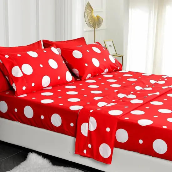 American Home Collection Polka Dot Bedding Sheets & Pillowcases Set Brushed Microfiber Wrinkle Free Sheet Set Red {1}