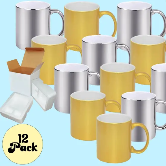 12 Pack of 11OZ METALLIC SILVER & GOLD inner & Handle Sublimation Mugs - Professional Grade -Cardboard Box with Foam Supports {2}