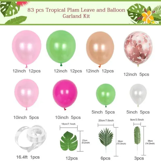 83pcs Tropical Balloons Arch Garland Kit Pink Sage Green Confetti Balloons Tropical Palm Leaves for Aloha Hawaii Jungle Summer Beach Moana Theme Birthday Baby Shower Party Supplies {4}