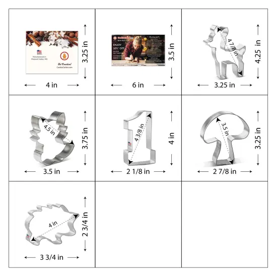CookieCutter.com 5 Piece Woodland Birthday Cookie Cutter Set Fawn Deer, Mushroom, Collegiate Number One, Hedge Hog, Cute Fox, Metal Shapes Made in USA, Silver {4}
