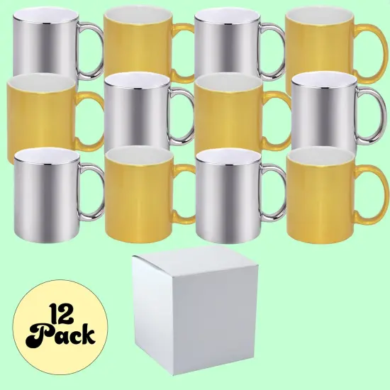 12 Pack 11 oz. METALLIC SILVER & GOLD Mixed outer & Handle- Ceramic Sublimation Mugs - Professional Grade - With Individual White Gift Boxes {2}