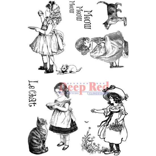 Deep Red Stamps Victorian Girls with Kittens Rubber Cling Stamps 4 x 6 inches {1}