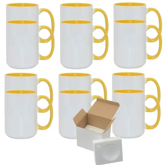 12 Pcs 15OZ El Grande Yellow Inside & Handle Sublimation Mugs With Foam Support Boxes {1}