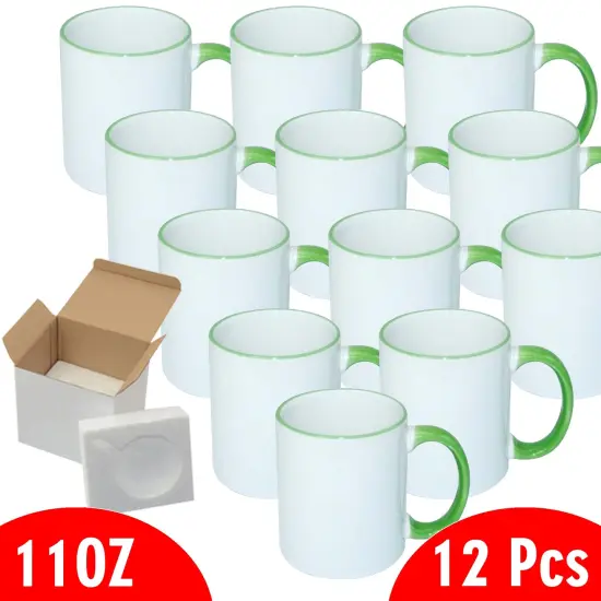 12 Pcs 11OZ Light Green Rim & Handle Sublimation Mugs With Foam Support Boxes {2}