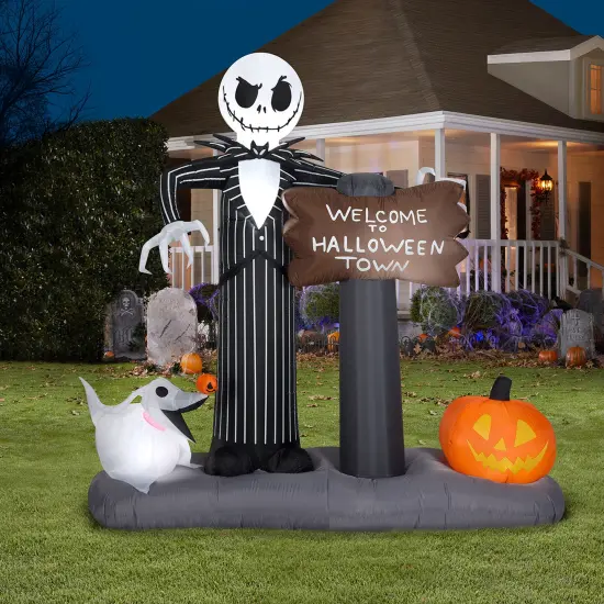 6' Gemmy Airblown Inflatable Jack Skellington & Zero "Welcome To Halloween Town" Sign Yard Decoration 223089 {2}