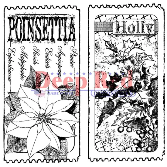 Deep Red Stamps Holly and Poinsettia Tickets Rubber Cling Stamp 3 x 3.1 inches {1}