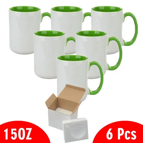 6 Pcs 15OZ El Grande Light Green Inside & Handle Sublimation Mugs With Foam Support Boxes {2}