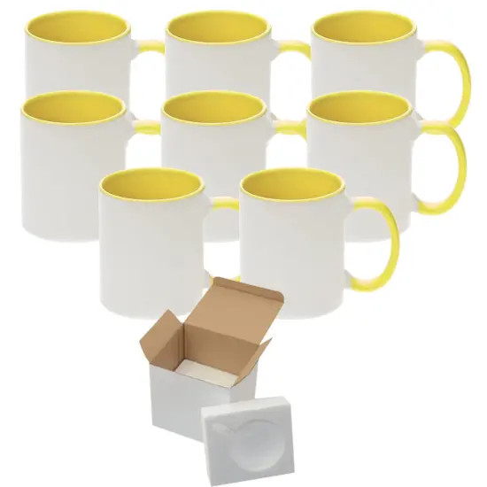 8 Pcs 11OZ Yellow Inner & Handle Sublimation Mugs With Foam Support Boxes {1}