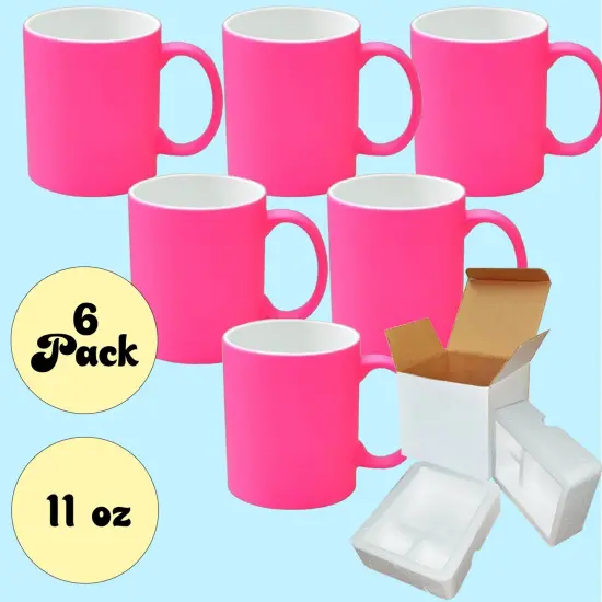 6 PACK 11OZ PINK Fluorescent / Neon Sublimation Mugs with Foam Supports Cardboard Boxes {2}