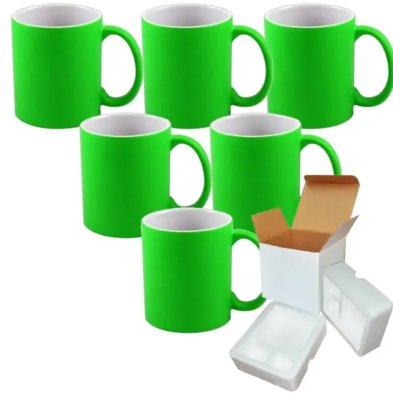 6 PACK 11OZ GREEN Fluorescent / Neon Sublimation Mugs with Foam Supports Cardboard Boxes {1}