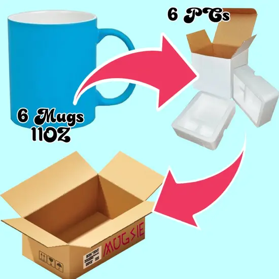6 PACK 11OZ BLUE Fluorescent / Neon Sublimation Mugs with Foam Supports Cardboard Boxes {3}