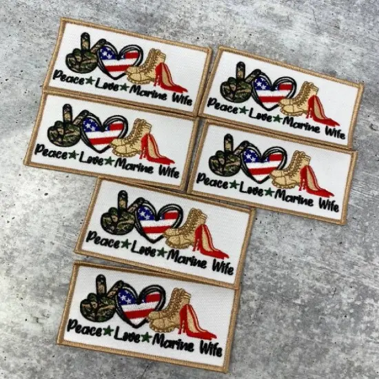 "Peace. Love. MARINE Wife", Iron-on Embroidery Patch, Military Wife Badge, Patch for Crocs, Size 3"x2" inches {5}