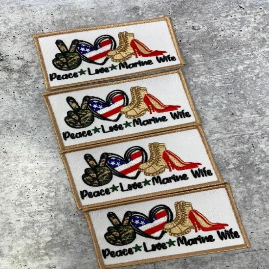 "Peace. Love. MARINE Wife", Iron-on Embroidery Patch, Military Wife Badge, Patch for Crocs, Size 3"x2" inches {6}