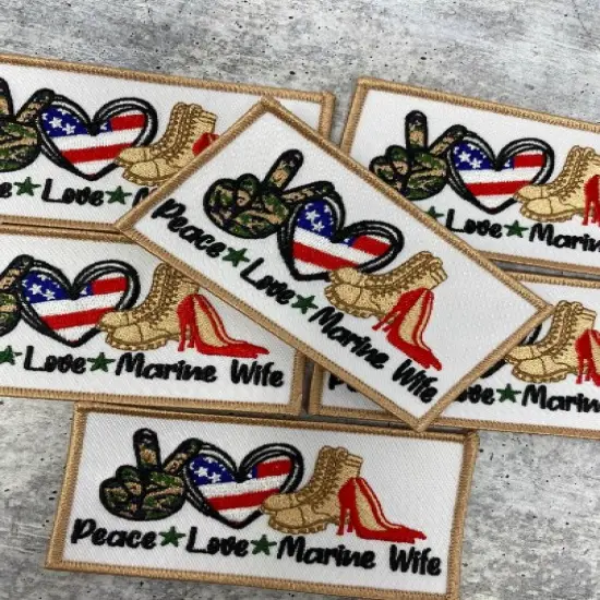 "Peace. Love. MARINE Wife", Iron-on Embroidery Patch, Military Wife Badge, Patch for Crocs, Size 3"x2" inches {3}