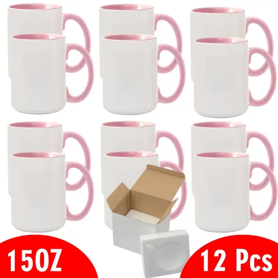 12 Pcs 15OZ El Grande Pink Inside & Handle Sublimation Mugs With Foam Support Boxes {2}
