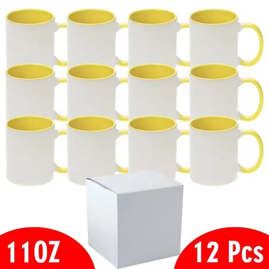 12 Pcs 11OZ Yellow Inner & Handle Sublimation Mugs With Individual White Boxes {2}