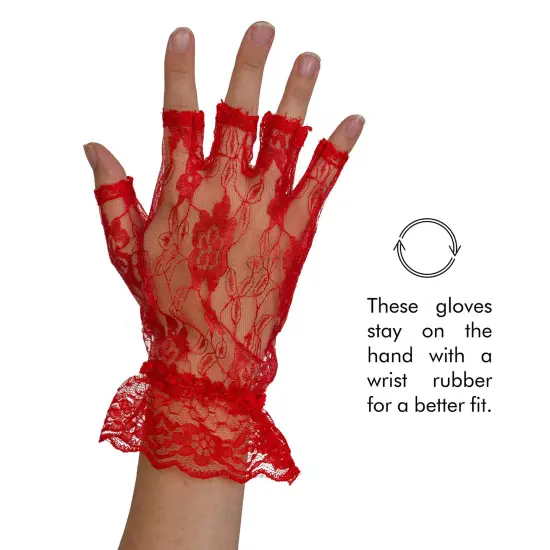 Fingerless Lace Red Gloves - Ladies and Girls Ruffled Lace Finger Free Bridal Wrist Gloves {5}